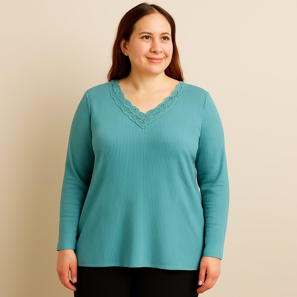 JM Collection Ribbed Tee Top Long Sleeve Neck Lace Detail Stretch Aqua Size L